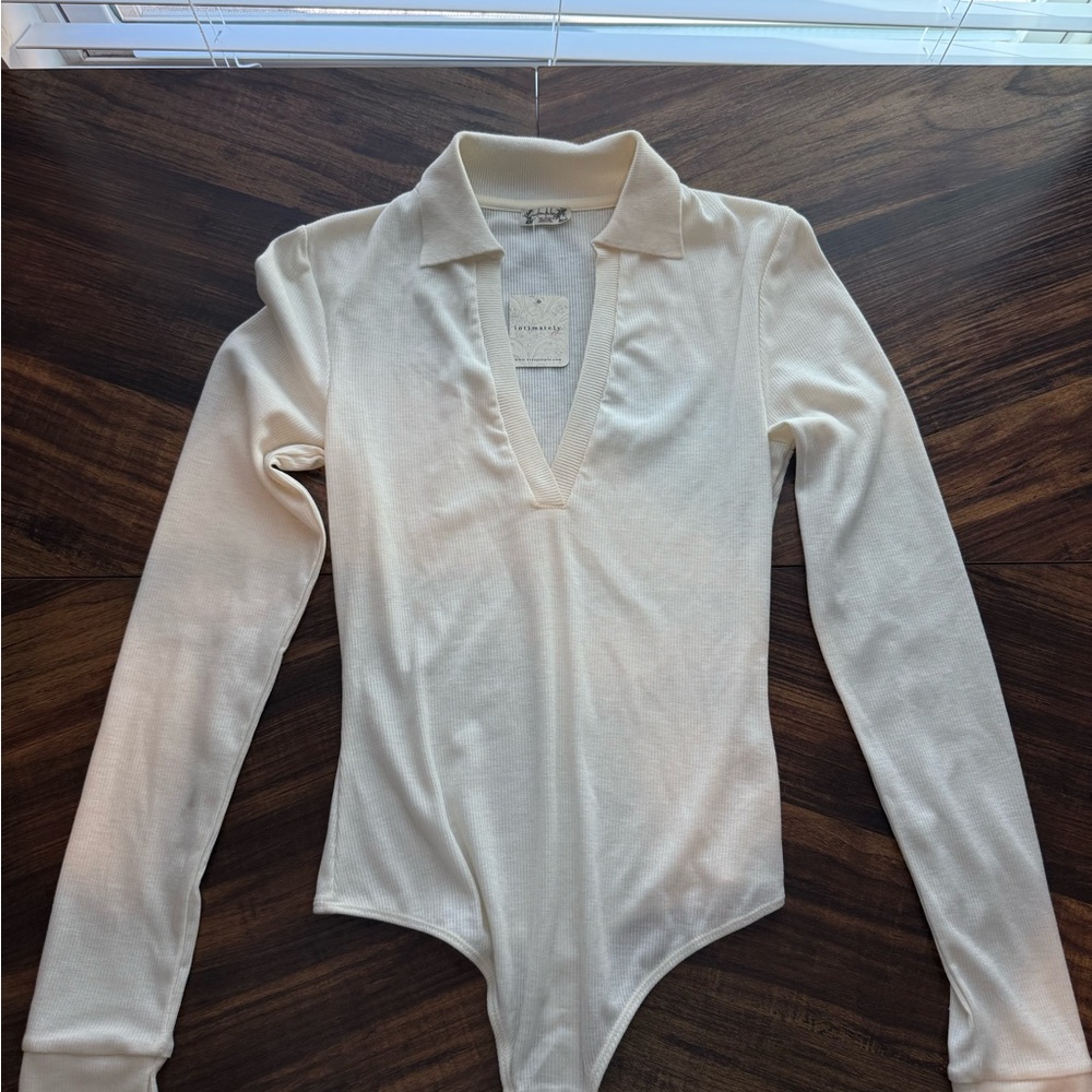 Free People Cream Long-Sleeve Polo V-Neck Bodysuit